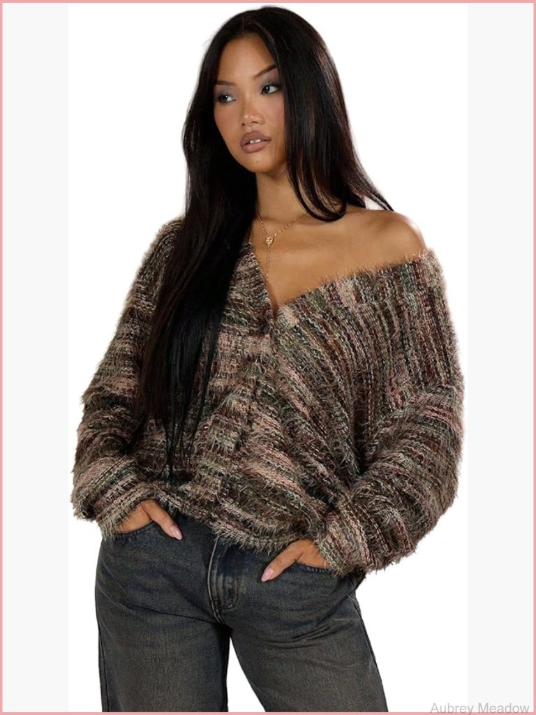 Fuzzy Colorful Striped Cardigan Sweater Long Sleeve V-Neck Trendy Fall